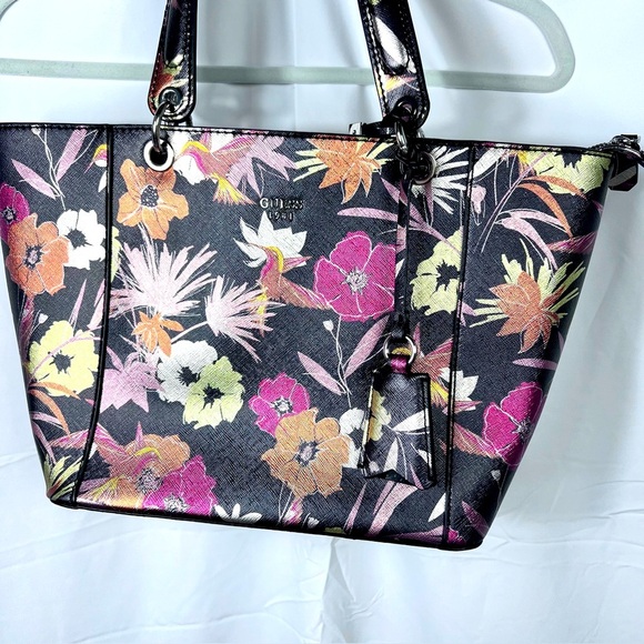 GUESS Floral Tote Large Shoulder Handbag Black Multicolor with wallet NWT - Picture 1 of 13